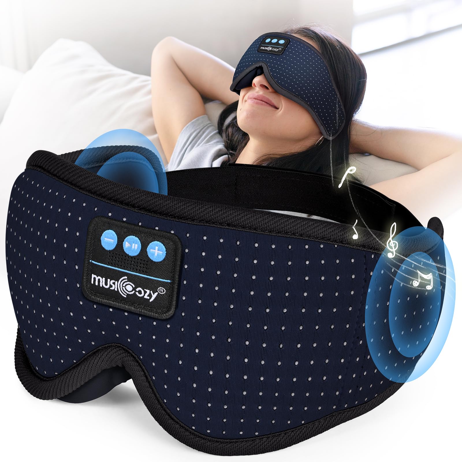 MUSICOZY white-noise sleep mask front view shows comfortable design for restful naps