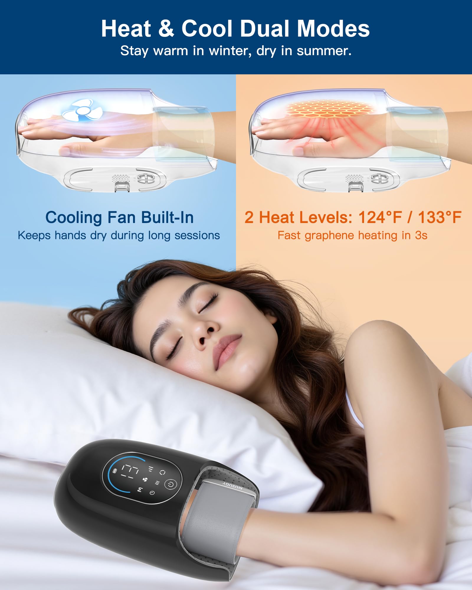 Musugy hand massager battery indicator illustrates cordless use.