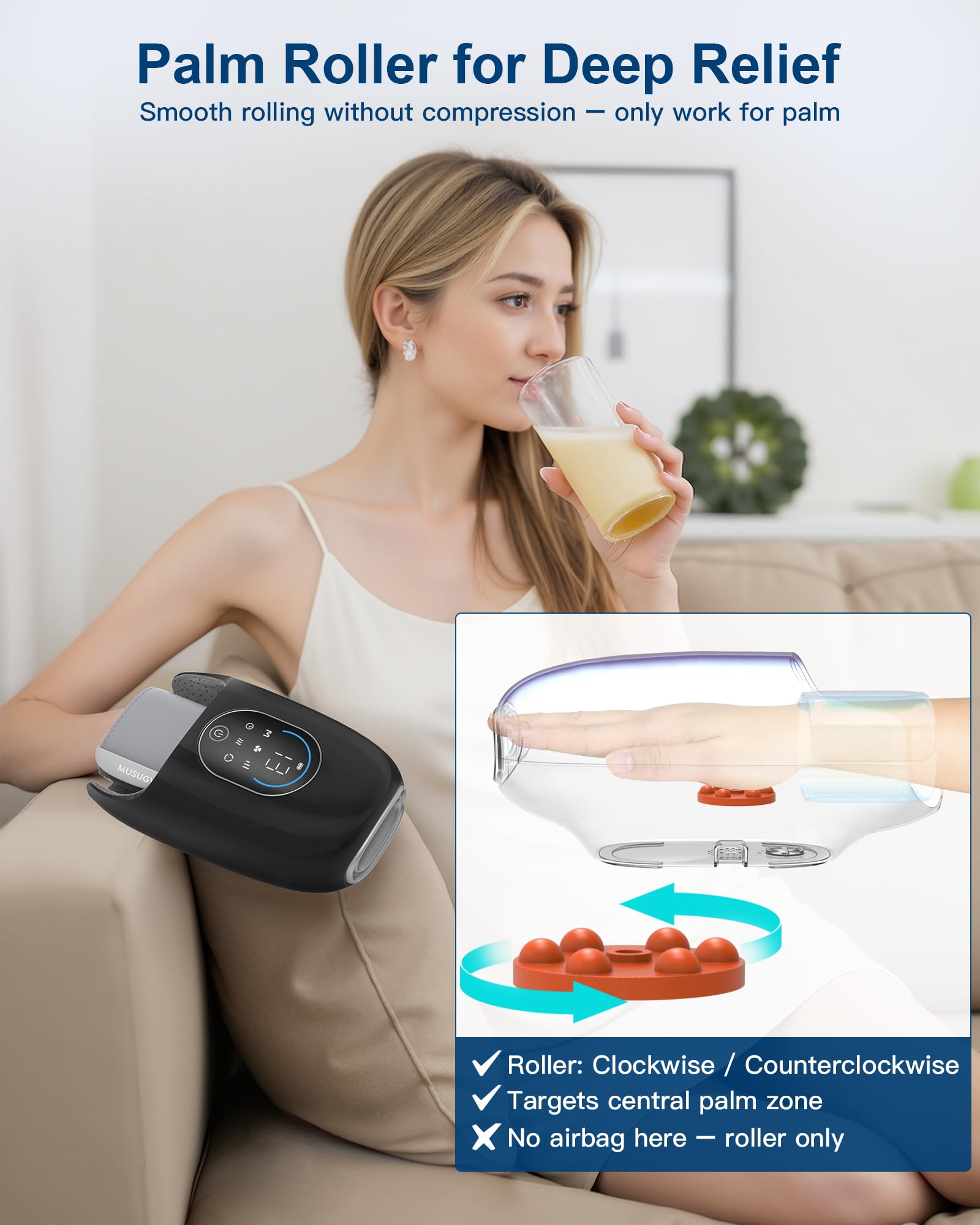 Musugy hand massager usage-scene shows desk or couch relaxation.