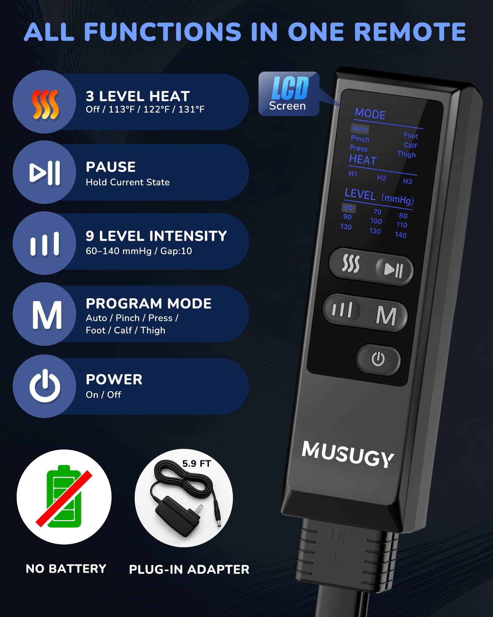 Musugy Leg Massager nine intensities let you customize pressure level safely.