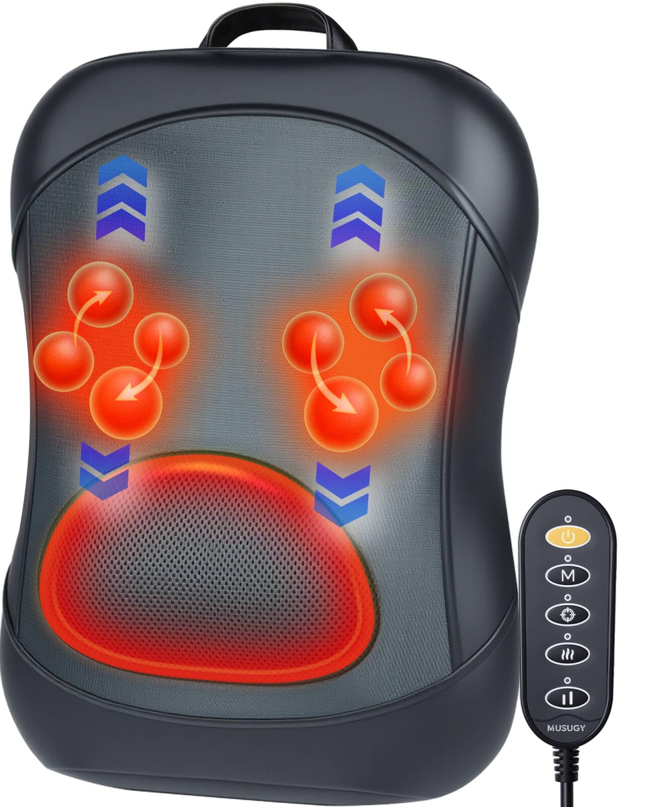 Musugy Shiatsu Back Massager rolling motion covers upper to lower back for relief.