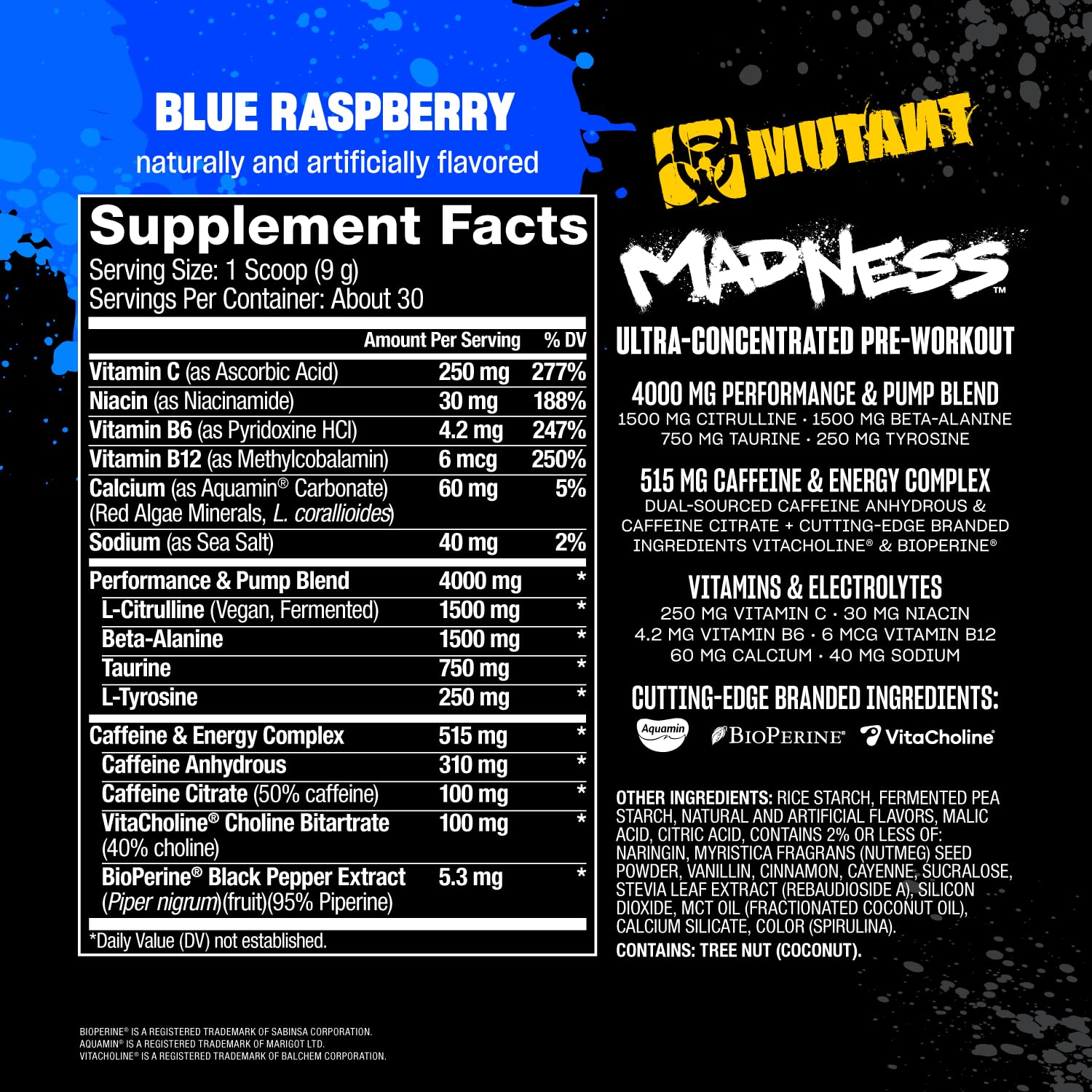 Mutant Madness label close-up highlighting caffeine blend for pre‑workout energy.
