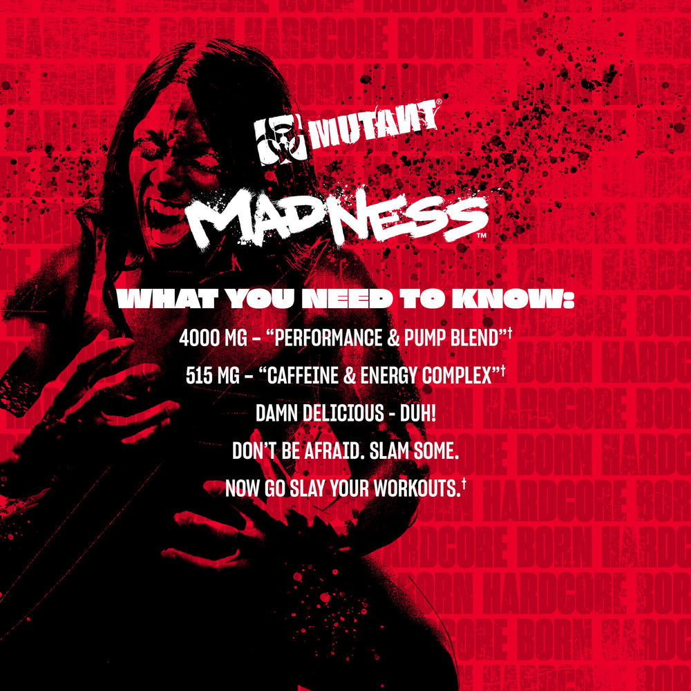 Mutant Madness label closeup highlights caffeine and pump blend.