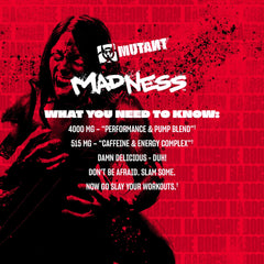 Mutant Madness label closeup highlights caffeine and pump blend.