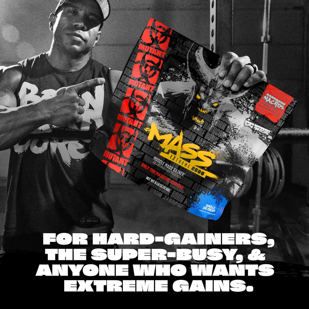 Mutant Mass Extreme Gainer scoop close-up suggests high-density calories per serving.