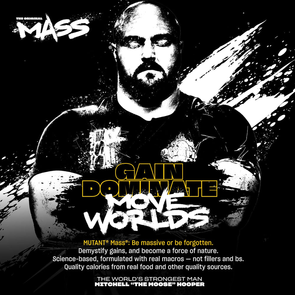 Mutant Mass shake in glass illustrates quick high-protein recovery option.