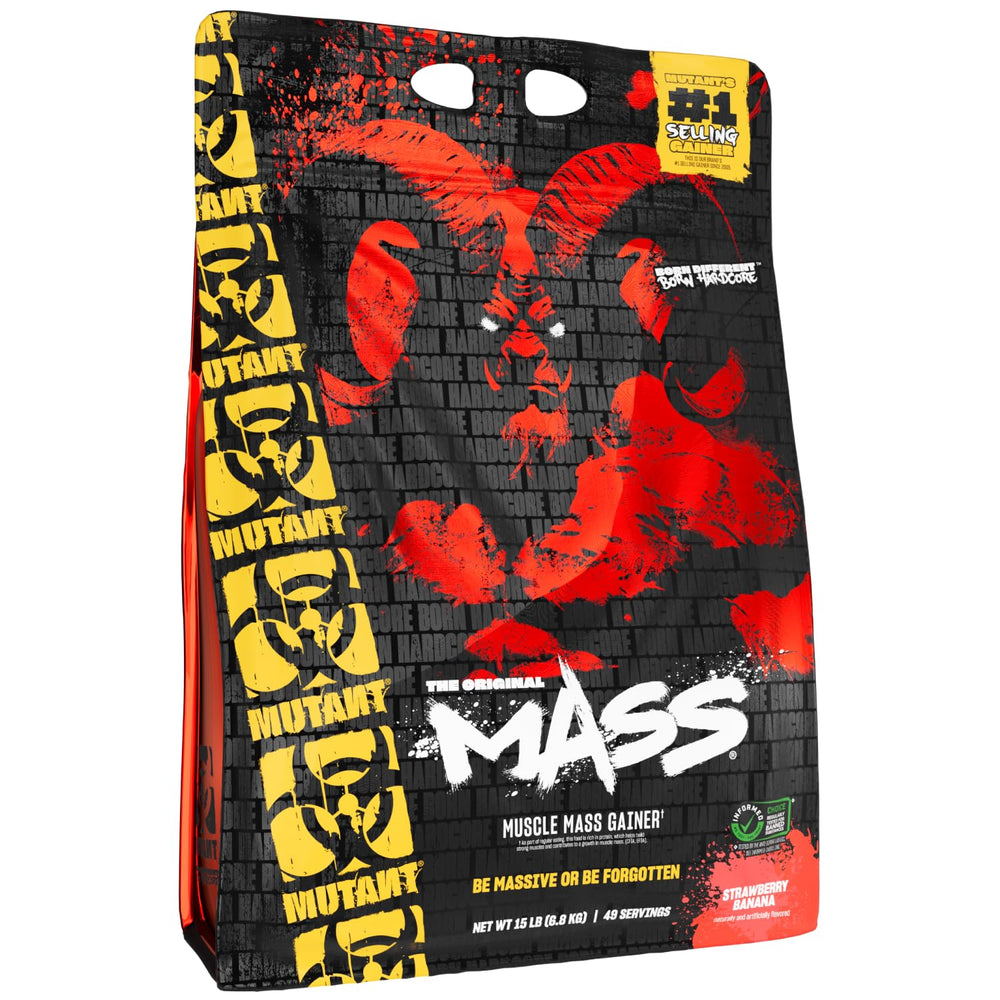 Mutant Mass strawberry banana tub label highlighting high calorie shake option