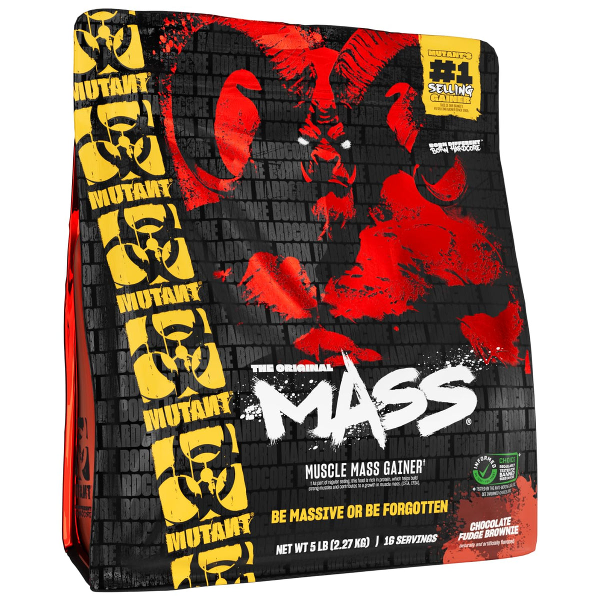 Mutant Mass tub front showcases high-calorie packaging for bulk-focused training.