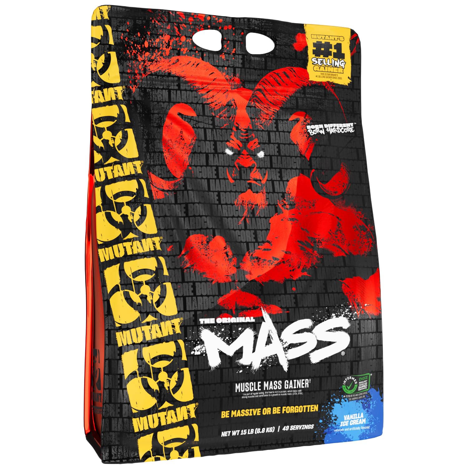 Mutant Mass vanilla ice cream bottle close-up showing premium high-calorie protein blend for muscle support