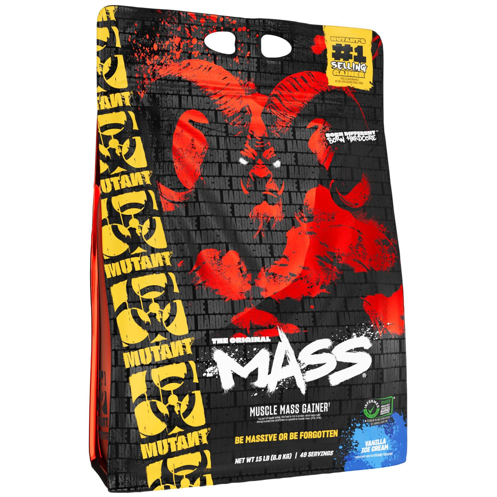 Mutant Mass vanilla ice cream bottle close-up showing premium high-calorie protein blend for muscle support