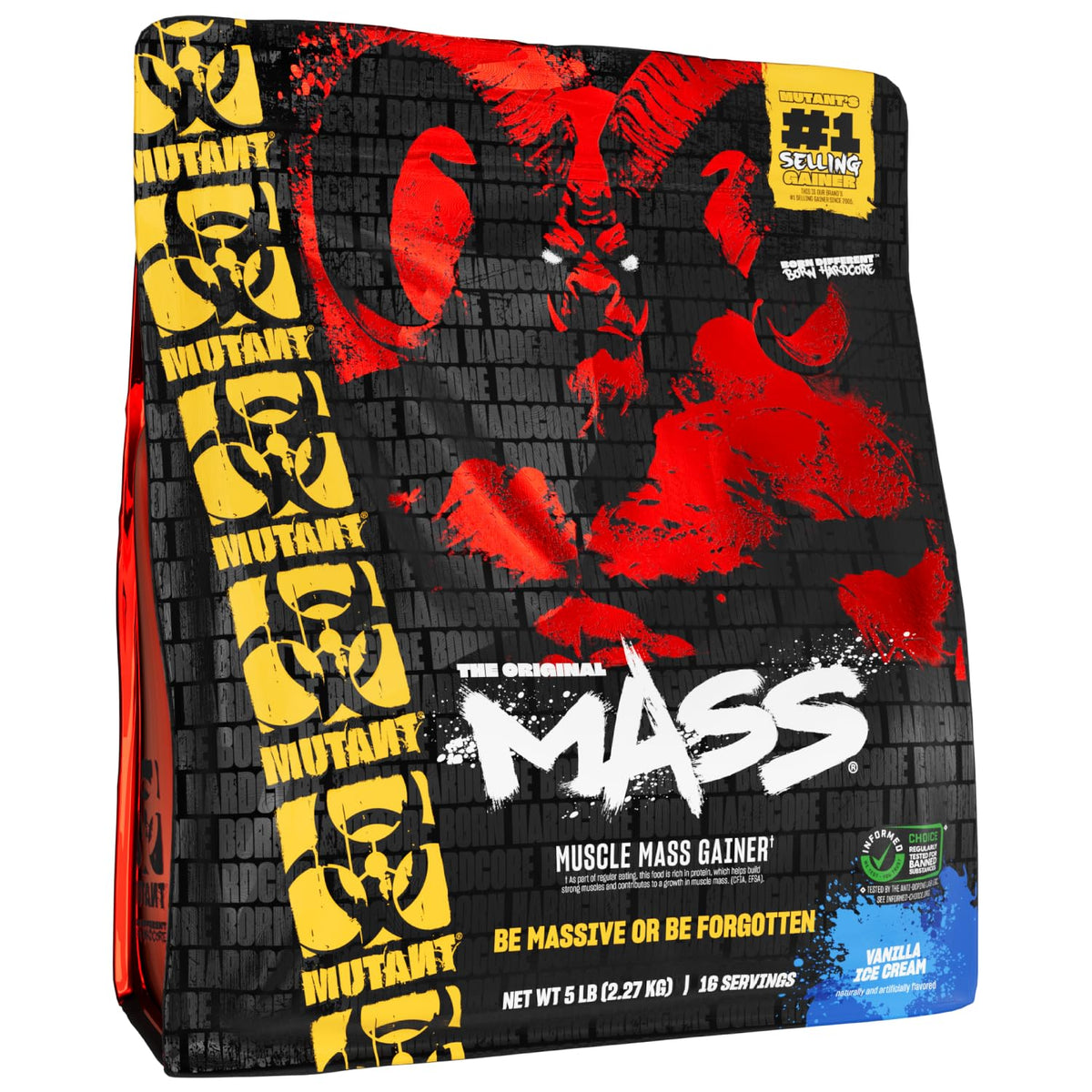 Mutant Mass vanilla ice cream tub highlighting high-calorie mass gainer for bulking
