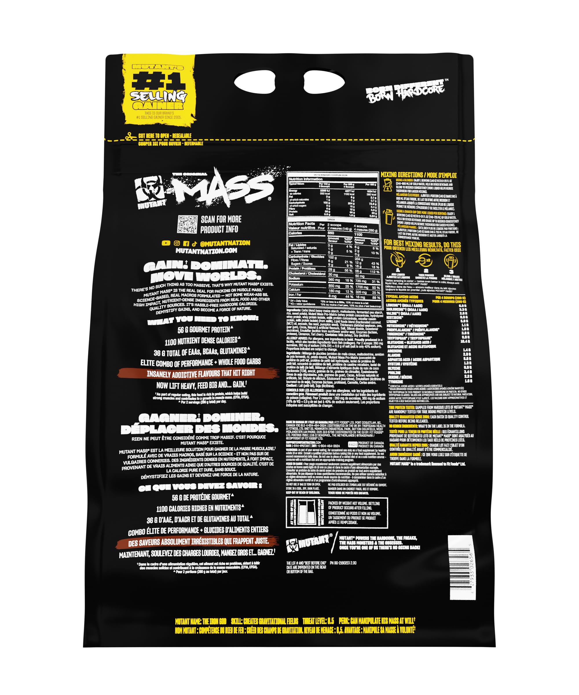 Mutant Mass weight gainer serving with scoop highlighting calories and protein