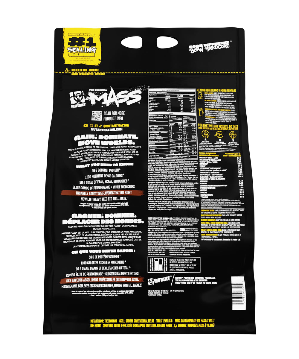 Mutant Mass weight gainer serving with scoop highlighting calories and protein