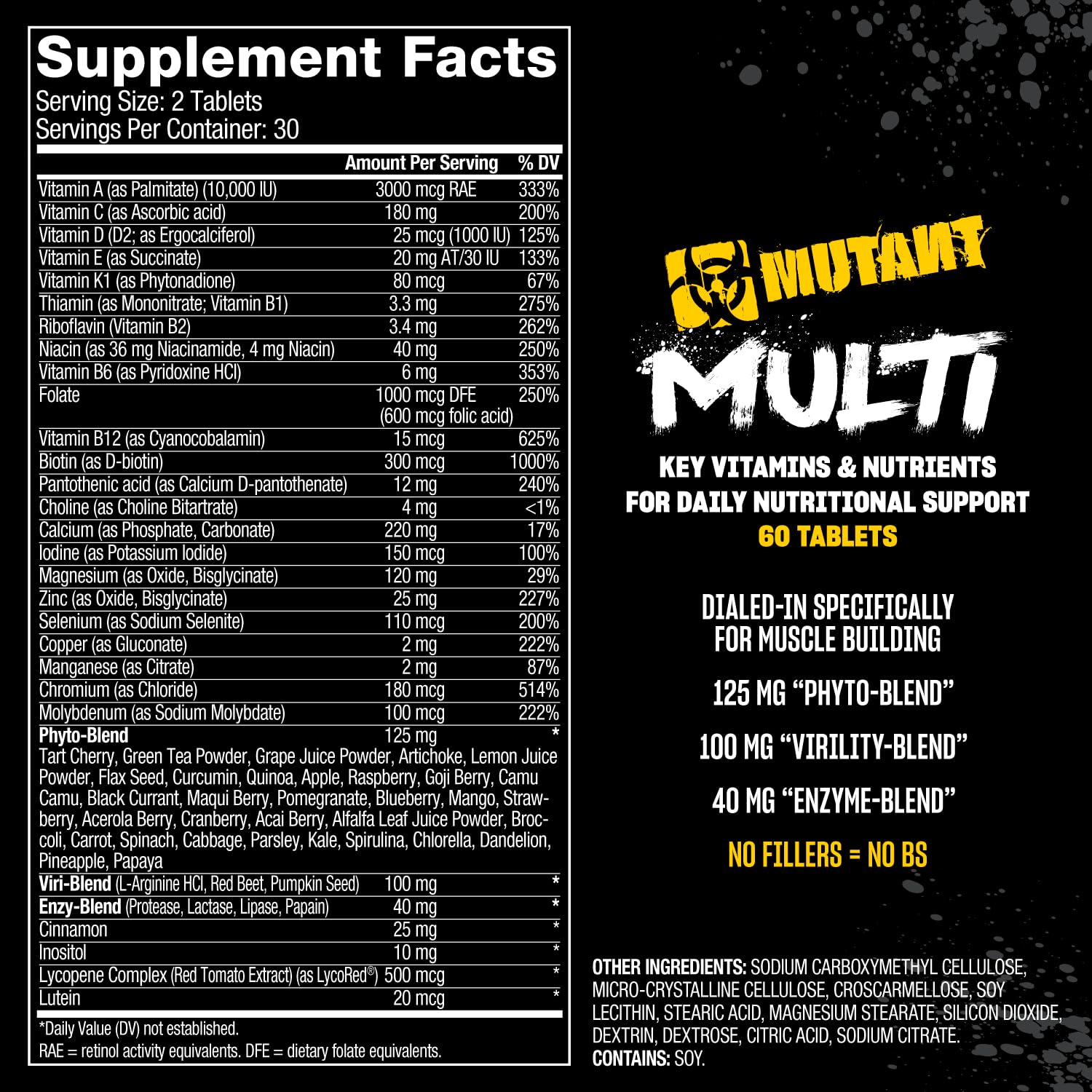 Mutant Multi bottle open displaying tablets aligned for daily regimen