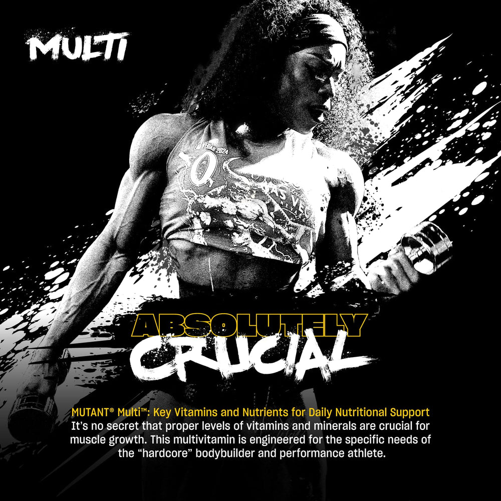 Mutant Multi tablet closeup emphasizing high-potency vitamins for workouts