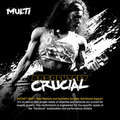 Mutant Multi tablet closeup emphasizing high-potency vitamins for workouts
