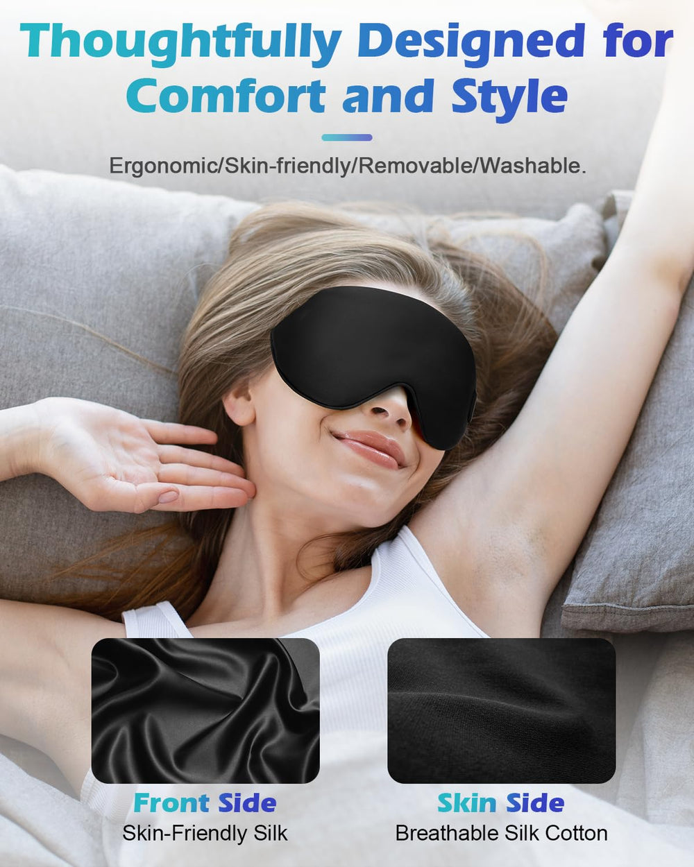 Mutilplx eye mask with washable satin cover for easy cleaning