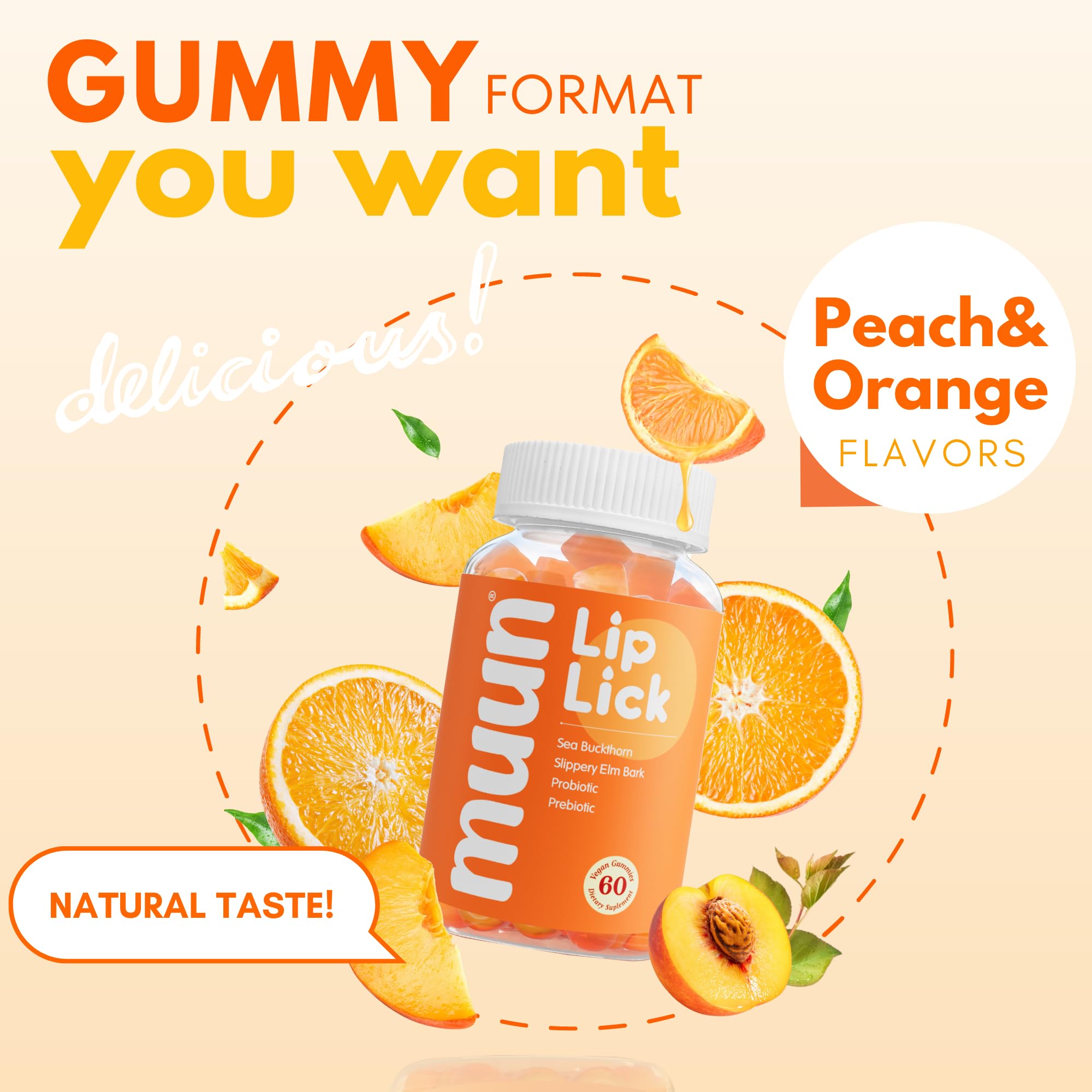 Muun Intimate Moisture Gummy peach-orange flavor signals tasty, convenient feminine care.
