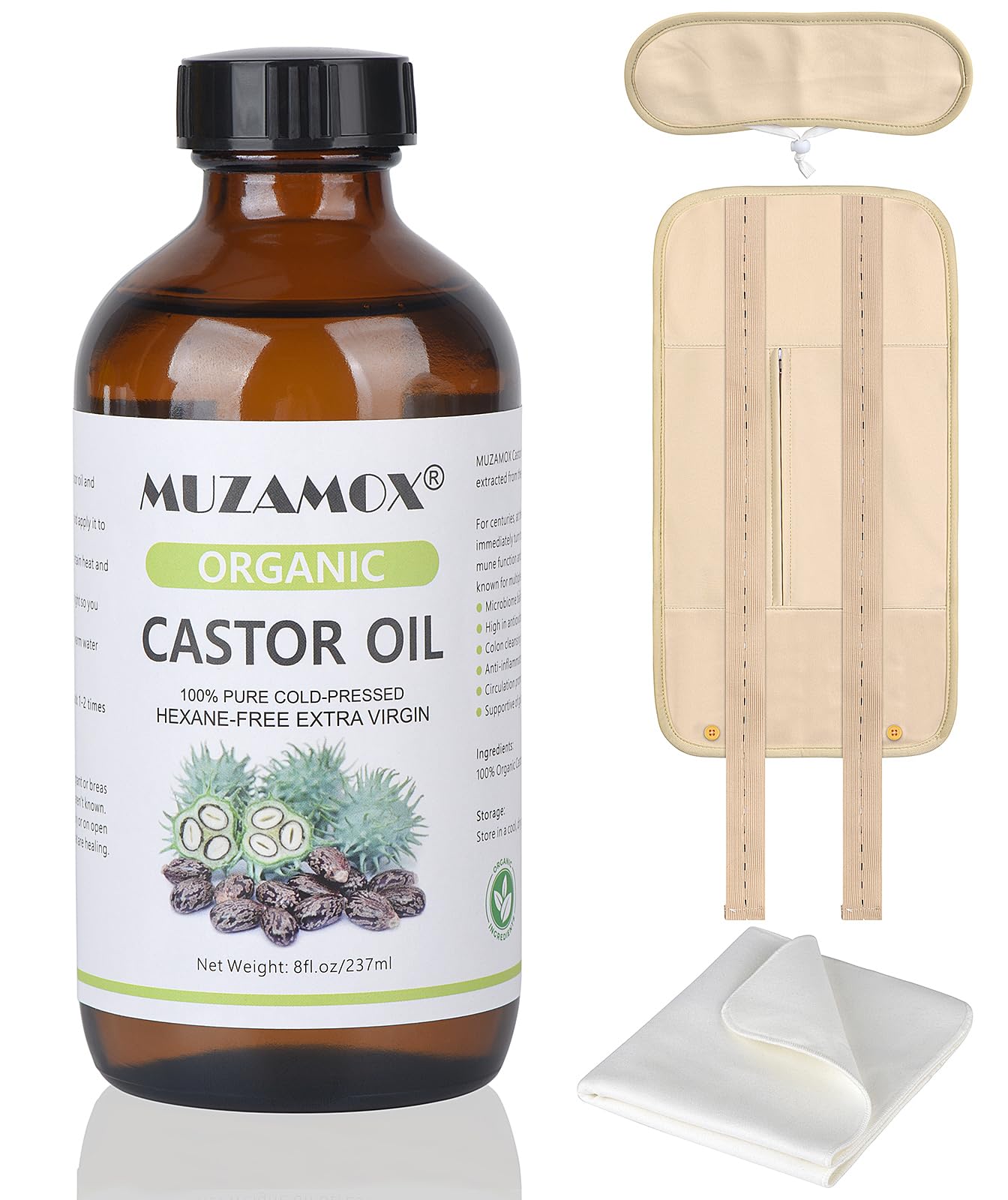 MUZAMOX castor oil pack wrap and bottle for easy at-home use.