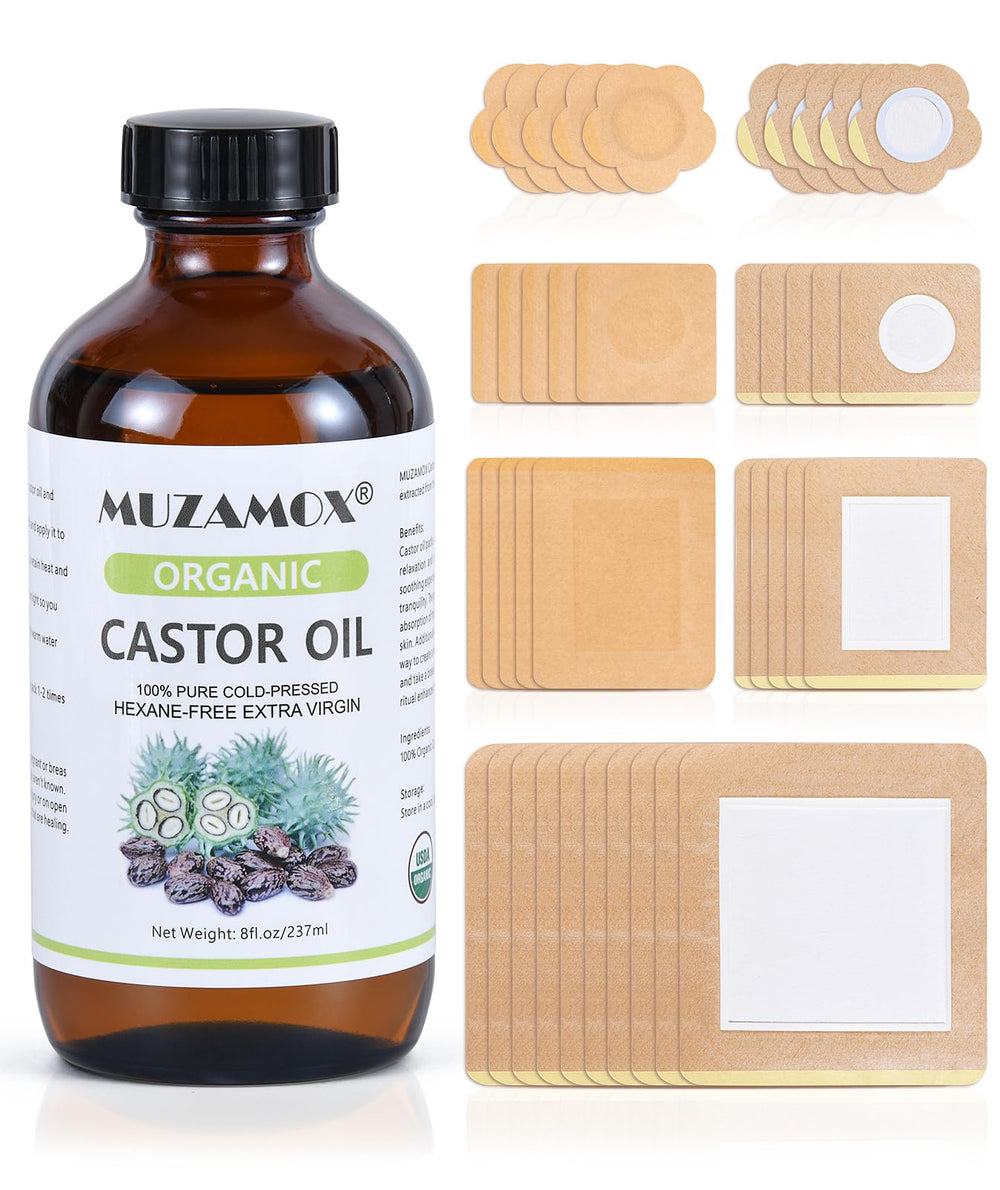 MUZAMOX castor oil patches set for mess-free application and secure wear.