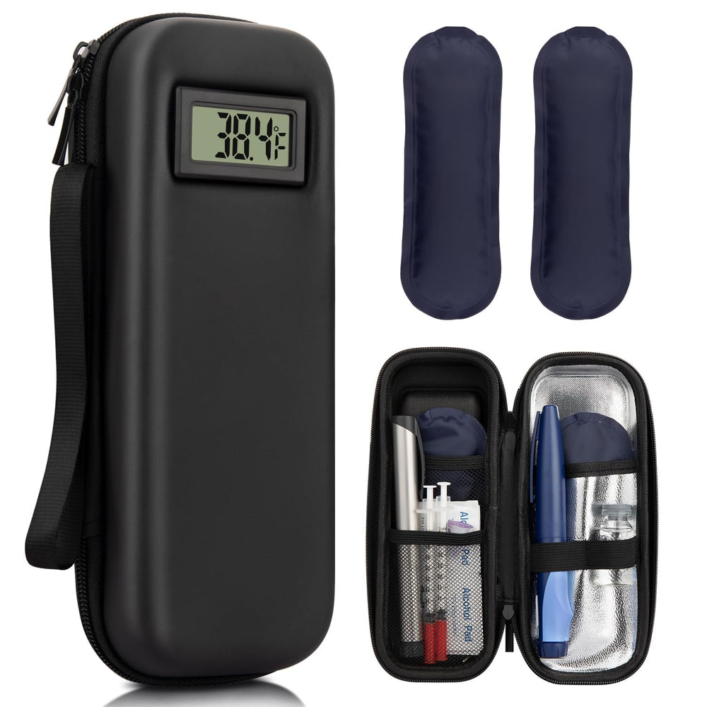 Mviioe insulin cooler travel case front view showing compact travel-friendly design for on-the-go cooling.