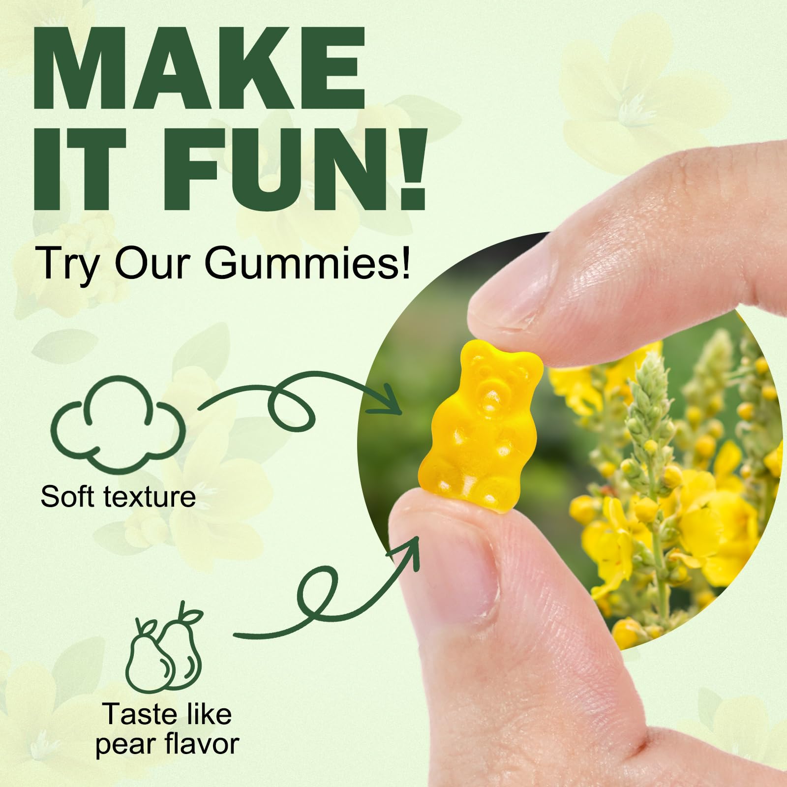 MXCZBSM mullein gummies close-up shows chewy, easy-to-take supplement texture.