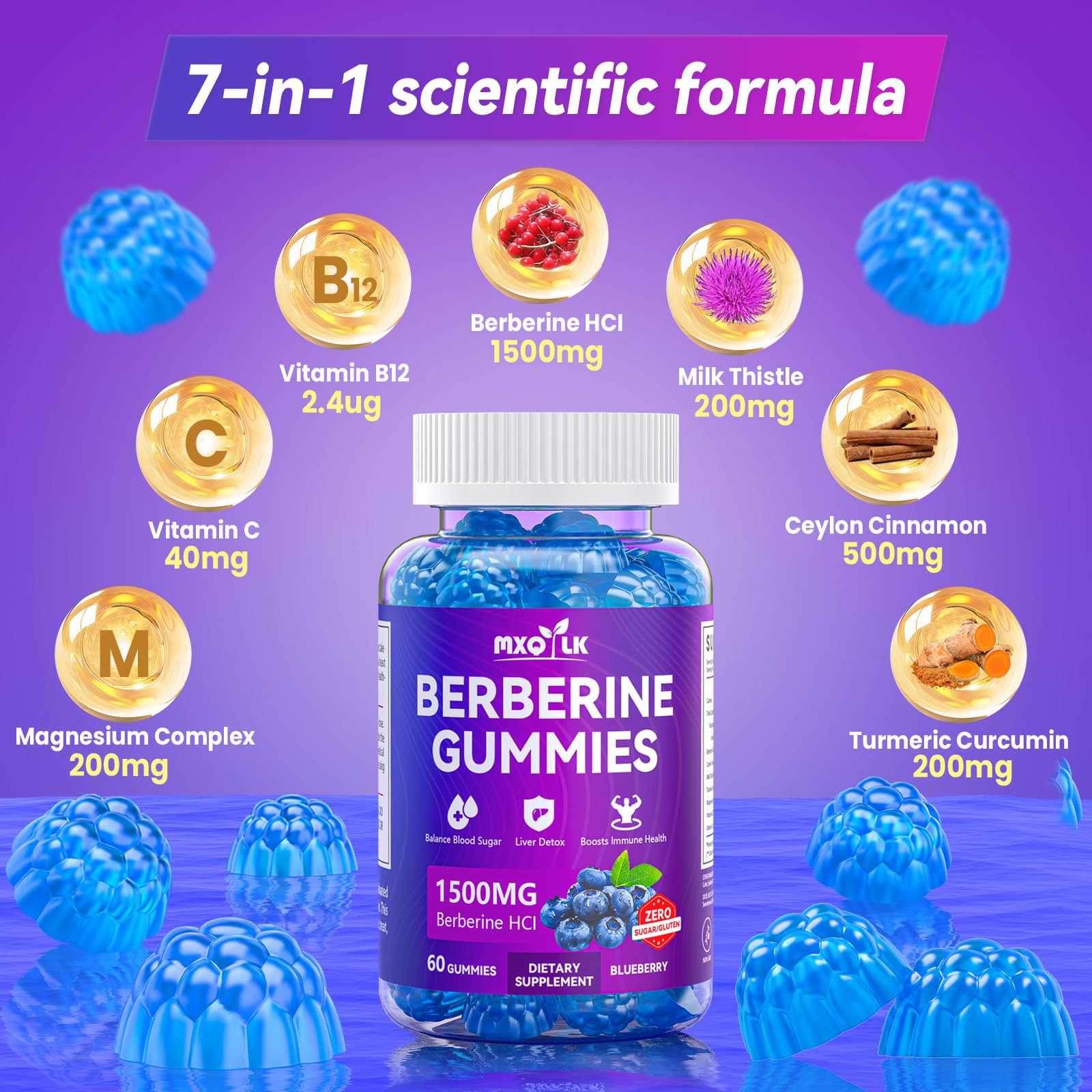 Mxq Lk Berberine Gummies blueberry-flavored bottle for easy daily use.