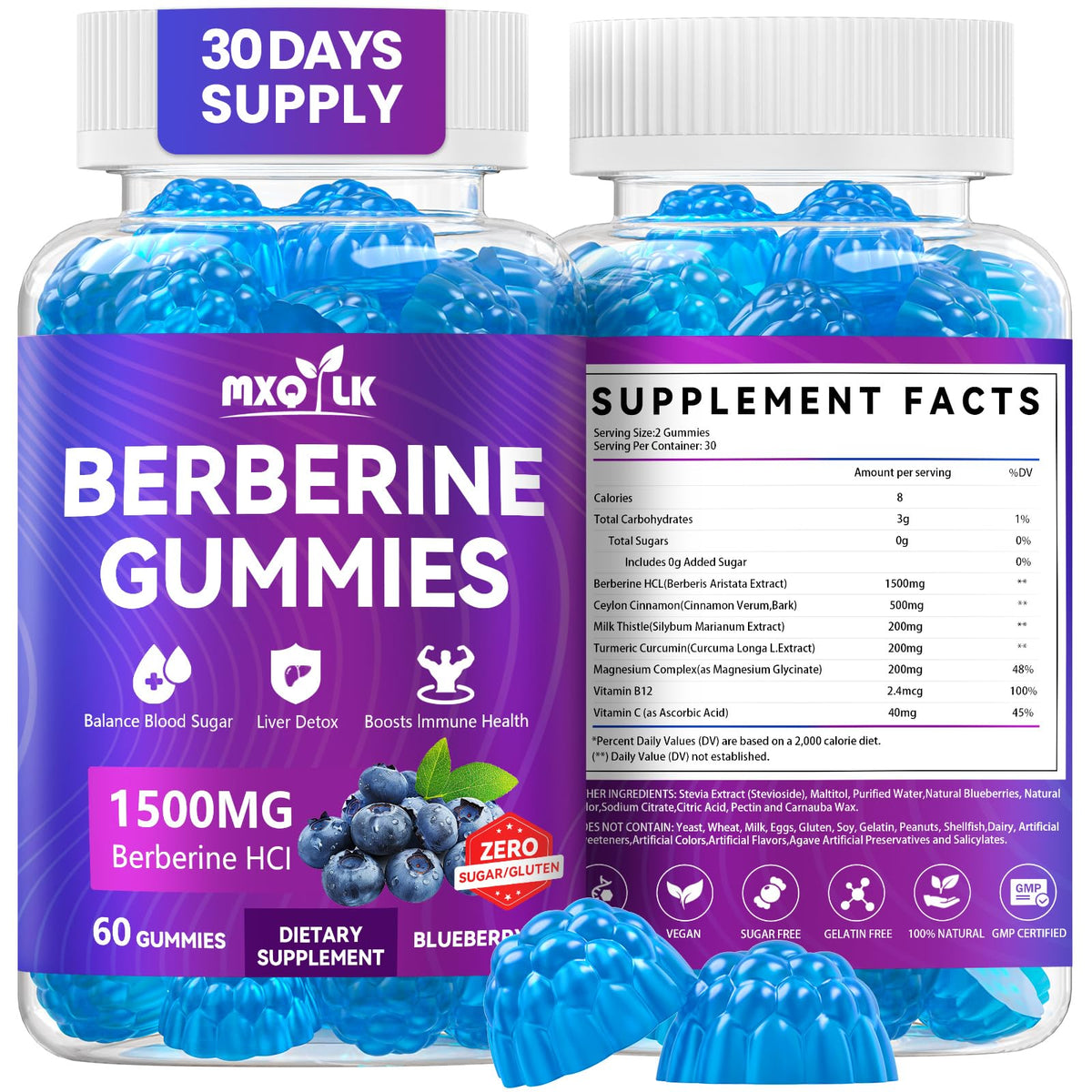 Mxq Lk Berberine Gummies bottle with high-potency 1500mg formula for daily wellness.