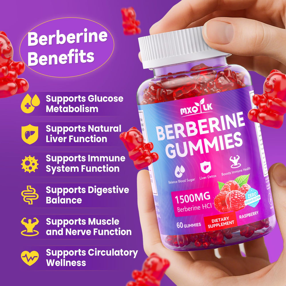 Mxq Lk Berberine Gummies ingredients label showing 1500mg berberine HCl.