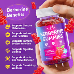 Mxq Lk Berberine Gummies ingredients label showing 1500mg berberine HCl.