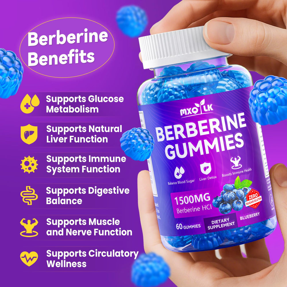 Mxq Lk Berberine Gummies ingredients panel featuring cinnamon and milk thistle.