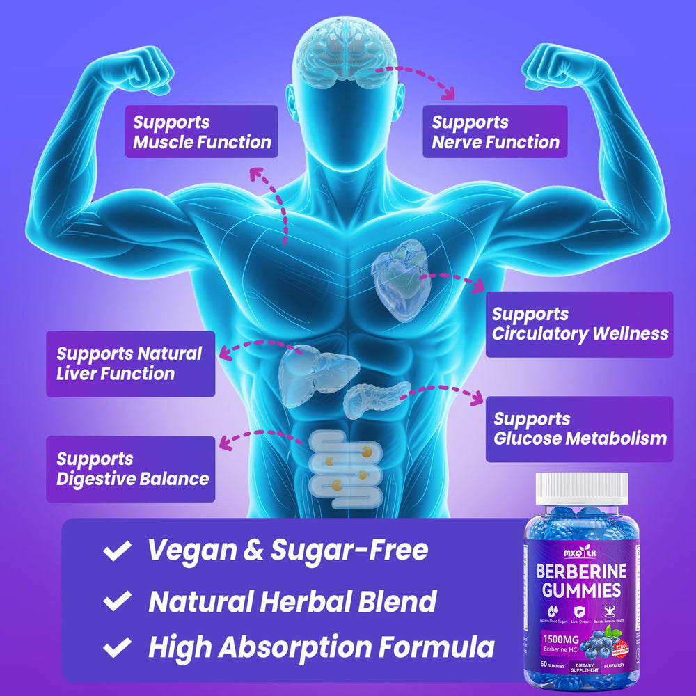 Mxq Lk Berberine Gummies label close-up highlighting vegan, non-GMO and sugar-free claims.