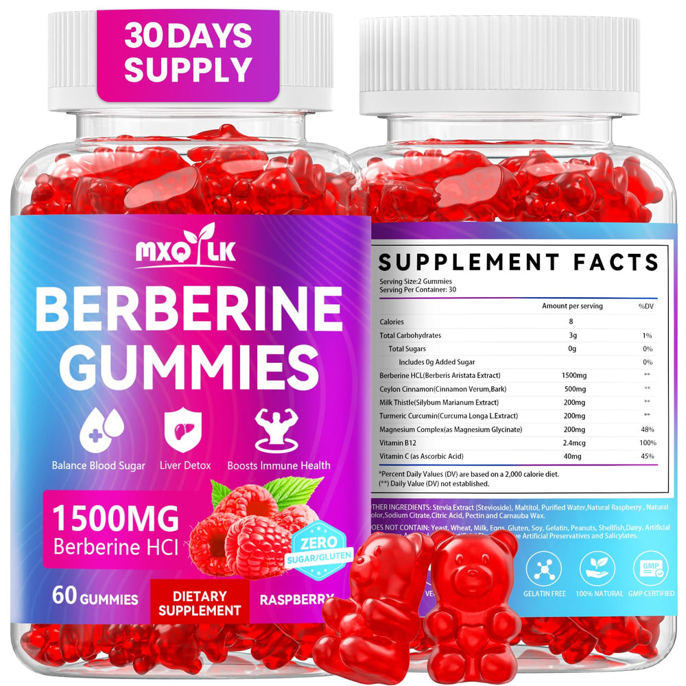 Mxq Lk Berberine Gummies raspberry flavor chew for convenient daily wellness.