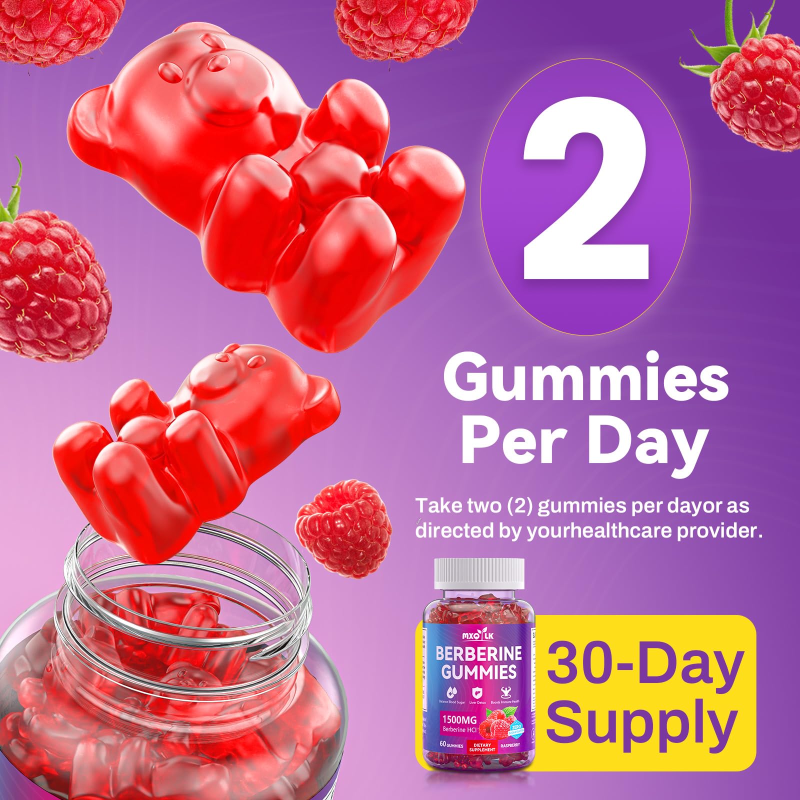 Mxq Lk Berberine Gummies storage jar beside healthy snack setup.