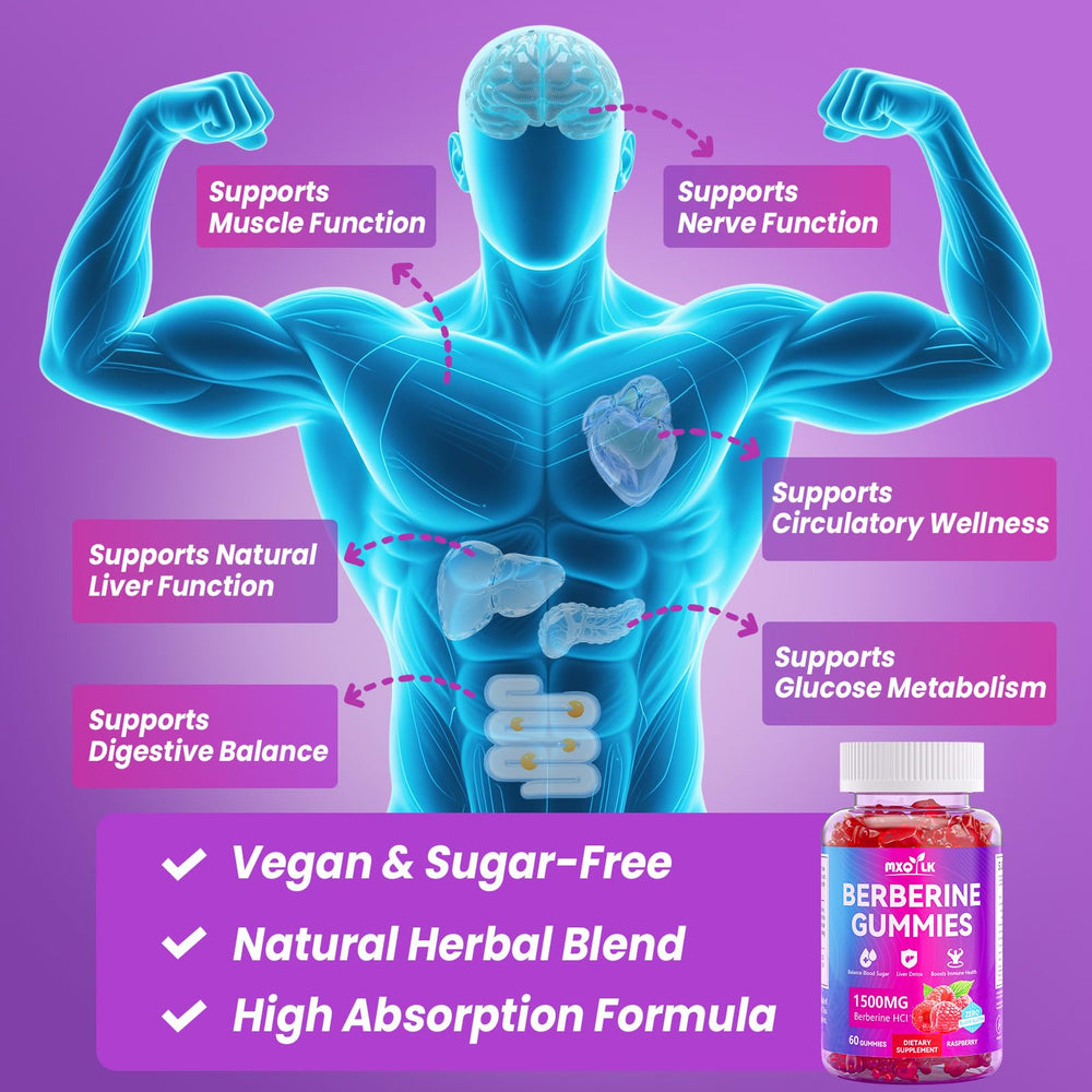 Mxq Lk Berberine Gummies vegan, non-GMO, gluten-free certification icons.