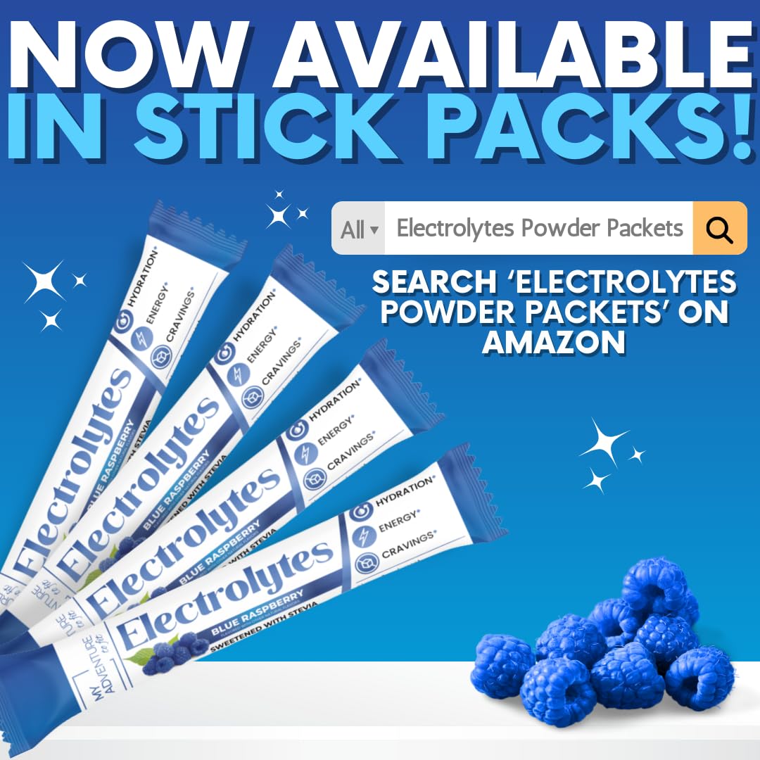 My Adventure to Fit blue raspberry electrolyte packet closeup shows natural stevia sweetness.