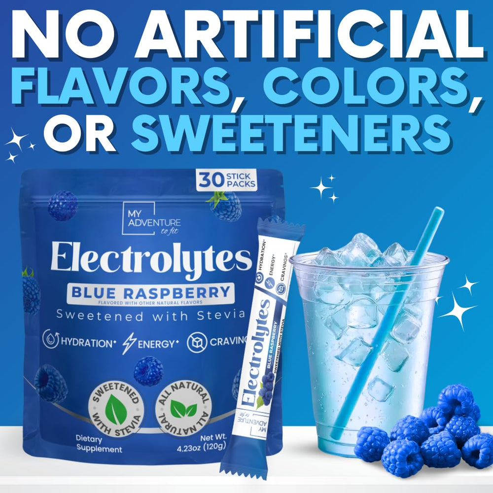 My Adventure to Fit blue raspberry electrolyte packet dissolve in water for quick hydration.