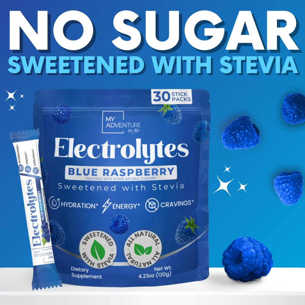 My Adventure to Fit blue raspberry electrolyte packet in-water mix supports hydration.