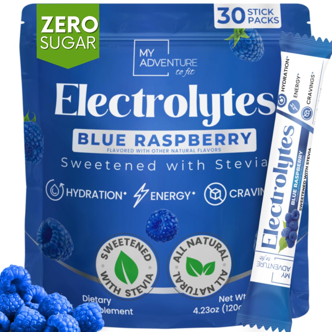 My Adventure to Fit blue raspberry electrolyte packet pour for refreshing, zero-sugar hydration.