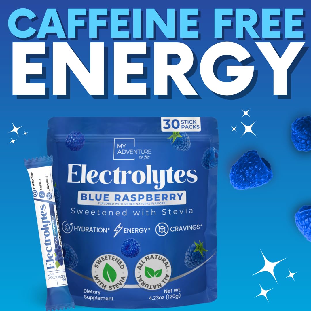 My Adventure to Fit blue raspberry electrolyte packet ready-to-stir for workouts.