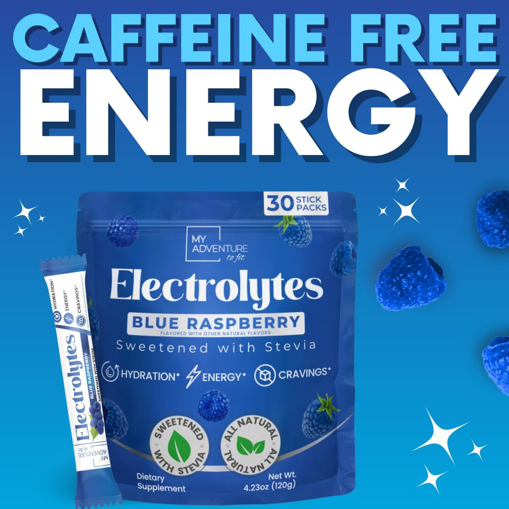 My Adventure to Fit blue raspberry electrolyte packet ready-to-stir for workouts.