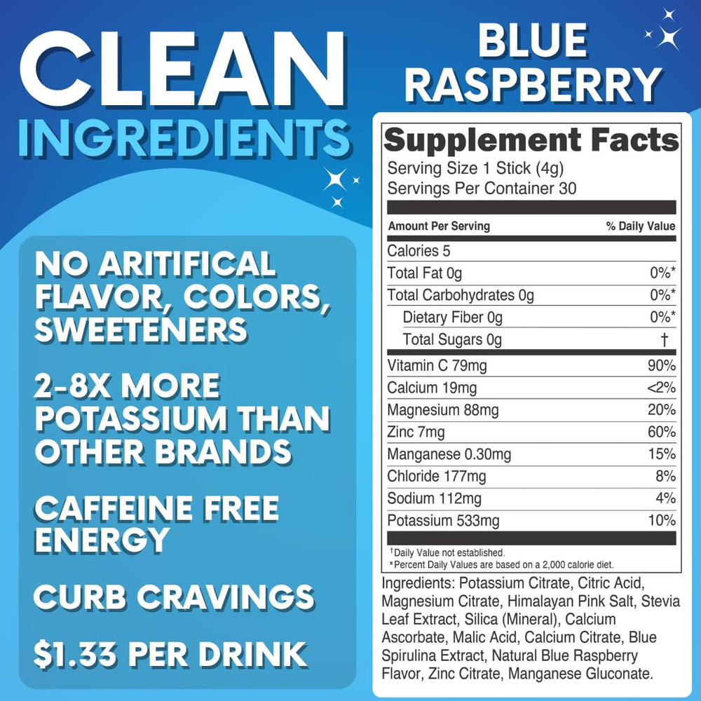 My Adventure to Fit blue raspberry electrolyte packet sip is caffeine-free energy option.