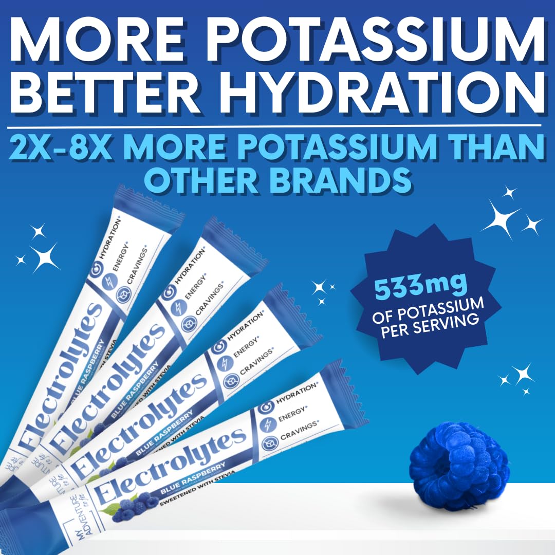 My Adventure to Fit blue raspberry electrolyte packet stir blends taste and hydration.