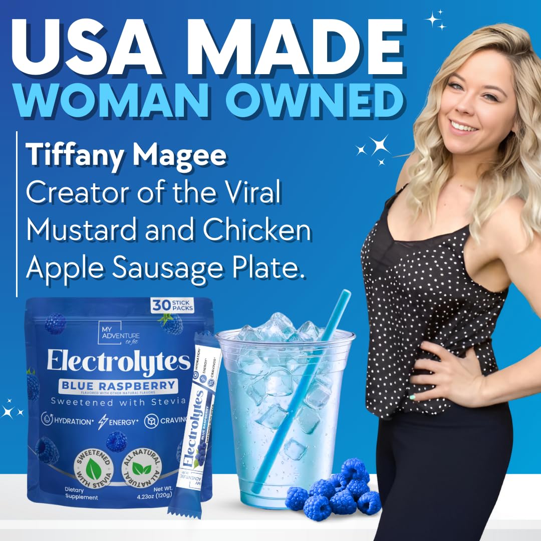 My Adventure to Fit blue raspberry electrolyte packet sugar-free flavor boosts keto snacking.