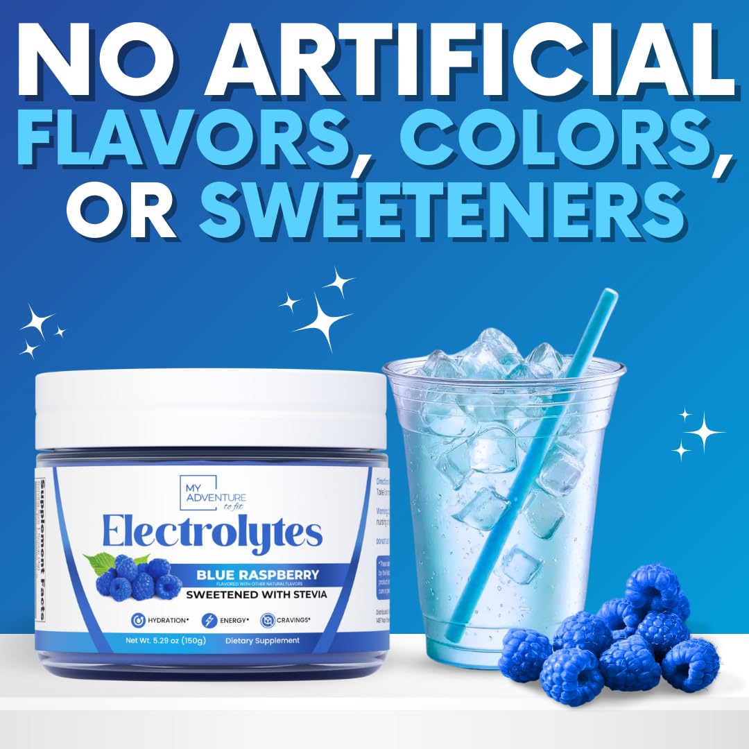 My Adventure to Fit Blue Raspberry Electrolytes pour into a glass for refreshing hydration.