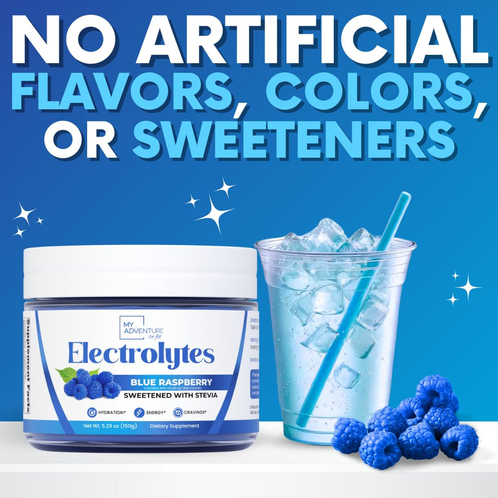 My Adventure to Fit Blue Raspberry Electrolytes pour into a glass for refreshing hydration.