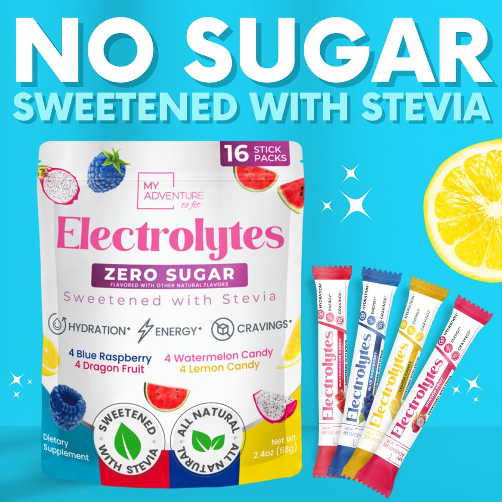 My Adventure to Fit electrolytes packets packaging closeup showing sugar free promise