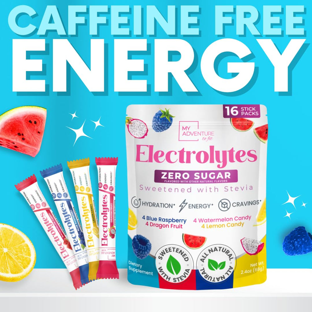 My Adventure to Fit electrolytes packets stirred in water with refreshing fizz