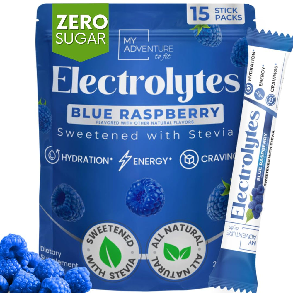 My Adventure to Fit Zero Sugar Blue Raspberry bottle pour for refreshing hydration