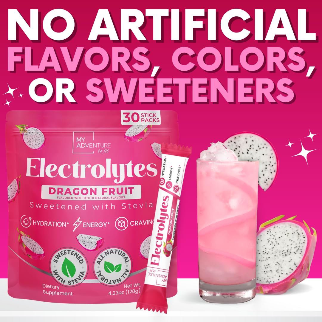 My Adventure to Fit Zero Sugar Dragon Fruit Electrolytes Sticks close-up of packets highlighting Stevia sweetness.